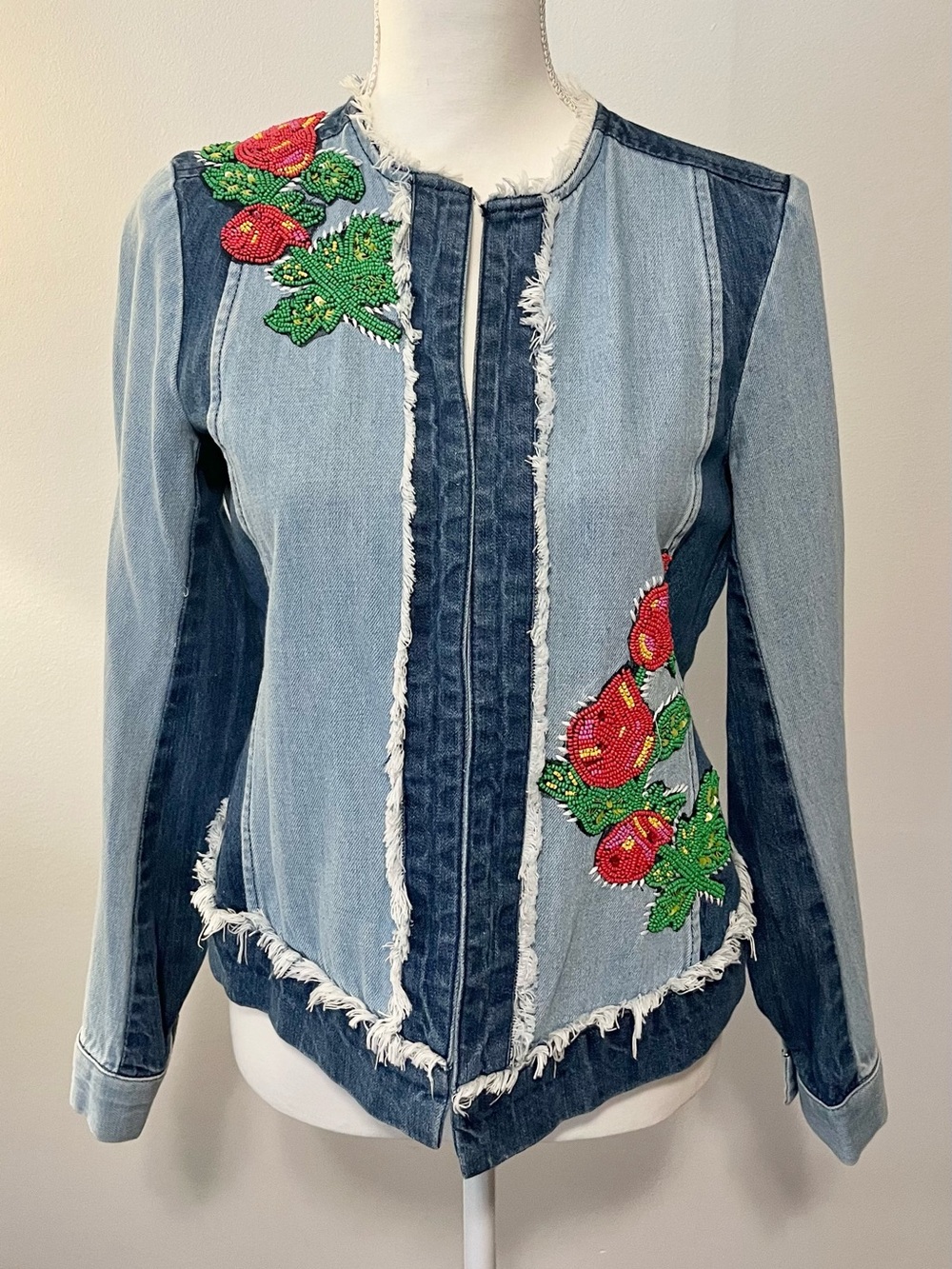 Relativity Two-Tone Light & Dark Blue Denim Jacket with Floral Beading. Size S